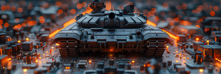 Closeup on a Military Tank on a Powerful Computer,
Central Computer Processors CPU concept

