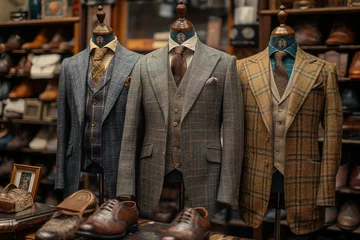 Fotobehang gold suits on mannequins in an old fashioned tailor store © hai