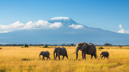 An elephant family traveling in a row in the African grasslands, You can see Mount Kilimanjaro from behind
