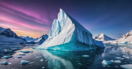 Foto auf Acrylglas Arctic iceberg in northern sea, glacier rock floating in the ocean. Polar landscape background, ice, water and purple sunset sky, Greenland coast realistic illustration © Amarylle