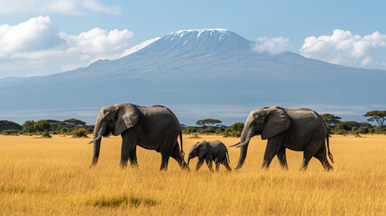 An elephant family traveling in a row in the African grasslands, You can see Mount Kilimanjaro from behind