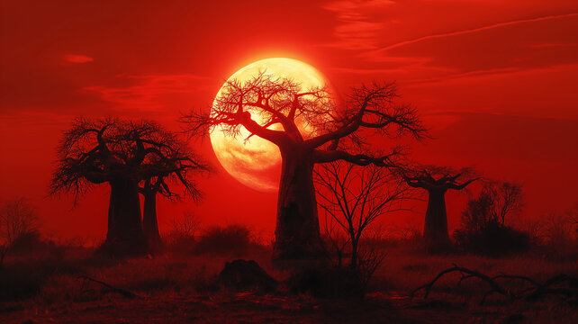 Baobab trees in the African grasslands and sunset falling behind them, The sky is red and the sun is very red and big