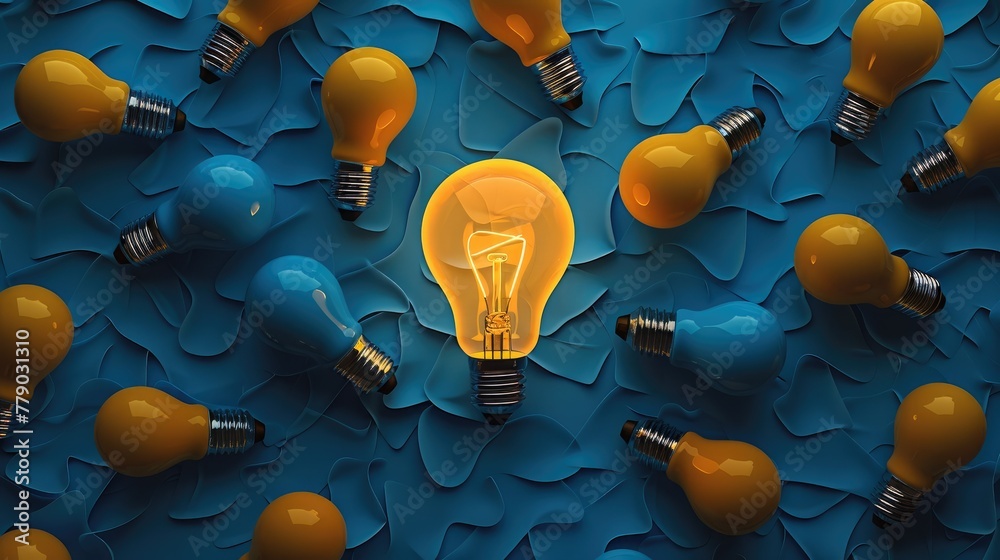 Aufkleber A photorealistic set of lightbulbs that repeat in the same dark blue color, over a similar color background. One of the lightbulbs is in a neon yellow color and stands out. Generative AI.