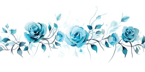 Fototapeta na wymiar Turquoise roses watercolor clipart on white background, defined edges floral flower pattern background with copy space for design text or photo backdrop minimalistic 