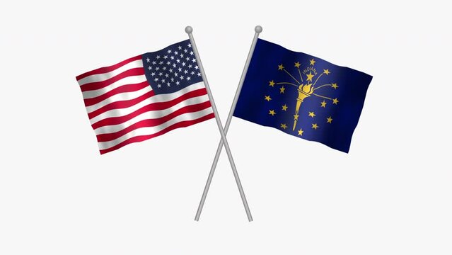 Flag of Indiana and USA, Cross table flag of Indiana and USA on white screen, USA States Indiana 3D Animation flag waving in the wind isolated on white Background. 
