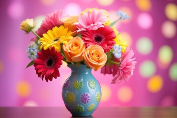Colorful flower bouquet in a vase, Cinco de Mayo bokeh background with copy space