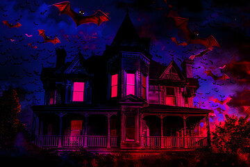 Fototapeta na wymiar Creepy haunted house with neon ghost and bat silhouettes isolated on black background.