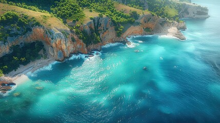 A coastal highway with waves crashing against cliffs in the summer, aerial top view. Generative AI.