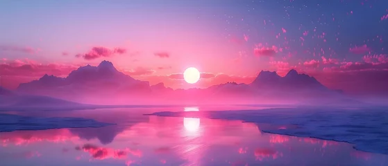 Vitrage gordijnen Snoeproze Celestial Serenity: Mystic Sunset Over Tranquil Waters. Concept Sunset Photography, Reflections in Water, Serene Landscapes
