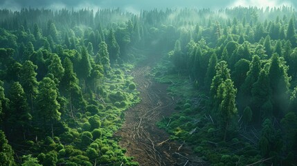 Deforestation from above, a 3D animation view, the stark contrast of nature and human impact