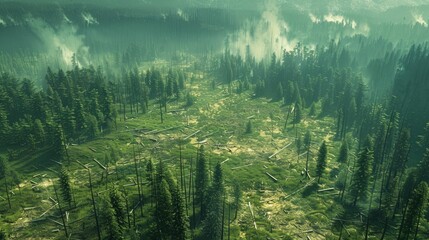Deforestation from above, a 3D animation view, the stark contrast of nature and human impact