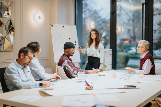 A young woman leads a discussion in a well-lit office with a diverse group of colleagues actively participating.