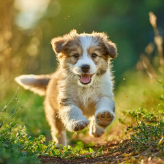 푸른 잔디밭을 뛰어노는 귀여운 강아지