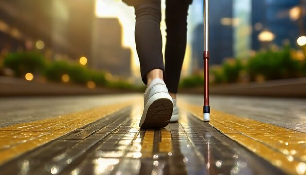 PESSOA CEGA CAMINHANDO COM UMA BENGALA SOBRE UM PISO T&Aacute;TIL 