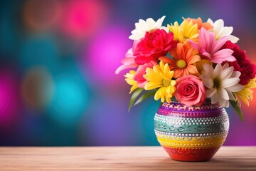Colorful flowers in a vase, Cinco de Mayo celebration, bokeh background with copy space