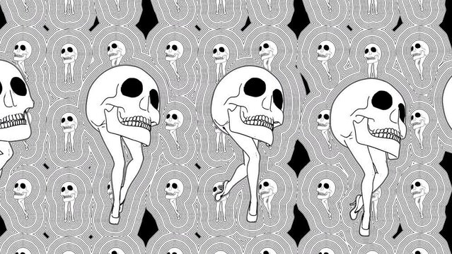 Seamless animation psychedelic walking skull painted drawn style cartoon. Hypnotic Halloween background with wave black and white marker stroke effect 
