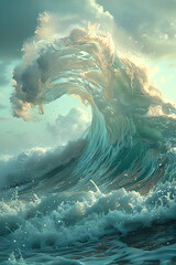 Dramatic ocean wave mimicking a cloudy sky, surreal nature, Generative AI