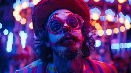 Dreamy closeup of a clown juggling under neon lights, carousel horses in the backdrop