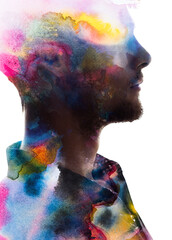 A watercolor textured paintography profile portrait of a young man - 779034383