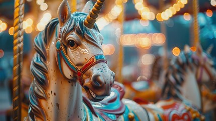 Closeup of a carousel unicorn, circus performers blurred in dreamy lights