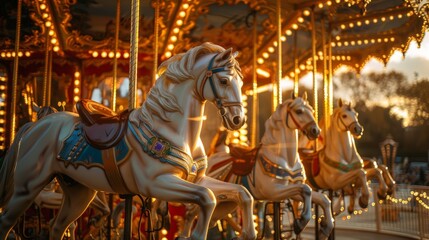 Majestic white horses on golden carousel, royalty's garden party, sunset ambiance