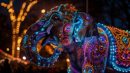 Vibrant circus elephant on parade, adorned with lights, ethereal carousel glow - obrazy, fototapety, plakaty