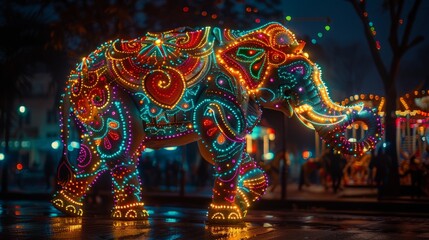 Vibrant circus elephant on parade, adorned with lights, ethereal carousel glow - obrazy, fototapety, plakaty