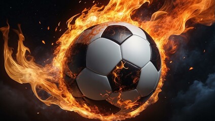 Naklejka premium A dynamic sports image of a soccer ball engulfed in flames, symbolizing power and energy
