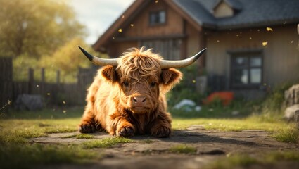 A majestic Highland cow rests comfortably on a rural path, bringing the peacefulness of rustic life closer - obrazy, fototapety, plakaty