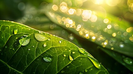 Vibrant green leaf with glistening dew drops illuminated by soft,natural sunlight highlighting the intricacy and beauty of nature