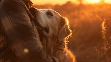Tender Embrace in the Warmth of Golden Hour with Beloved Canine Companion - obrazy, fototapety, plakaty