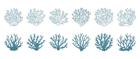 Set of coral reefs or seaweeds, underwater plants. Set of sea coral icons. Sketch, illustration. Vector  © Tatiana