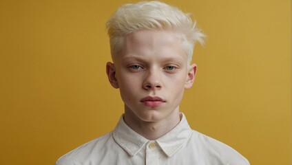 Close-up of a young boy with pale blonde hair and a white shirt set against a yellow background, exuding a calm demeanor