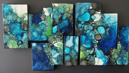 Colorful and mesmerizing alcohol ink collage featuring a harmonious blend of blue and green shades on white tiles