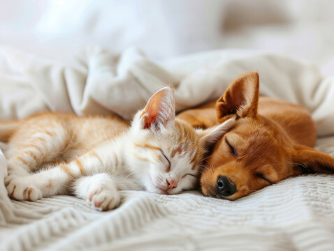 minis, Gatto e cane neonati che dormono insieme. Cuccioli di cane e gatto che dormono insieme su sfondo bianco di appartamento  , primo piano di cuccioli