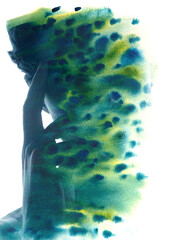 A green and yellow watercolor paintography portrait silhouette of a man