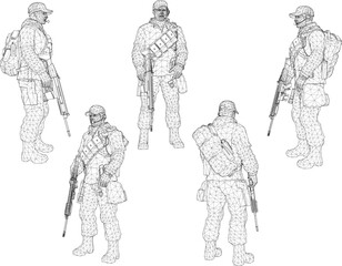 Fototapeta na wymiar illustration sketch design vector image of army soldier with weapons ready for battle