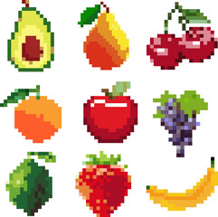 Fruits icons set. Pixel art. Old school computer graphic style. Games elements. Embroidery.