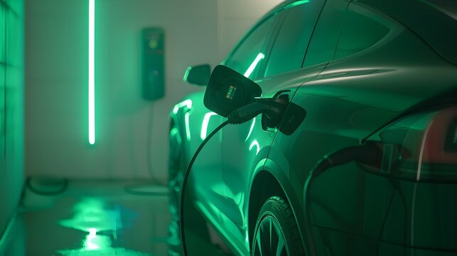 Fototapeta Eco-Friendly Electric Car Charging at Futuristic Green Energy Station