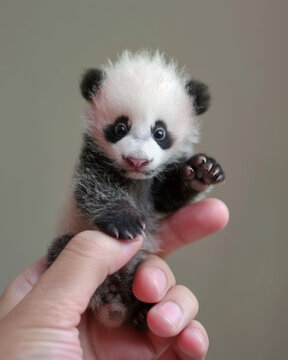 piccolo panda in miniatura aggrappato a  un dito umano, sfondo neutro sfocato, natura , salvaguardia della specie dei panda in via di estinzione
