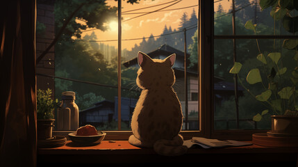 Cozy Lofi Window View with Anime Cat by the Window - Perfect for Chill Study Illustration for Music Streaming.