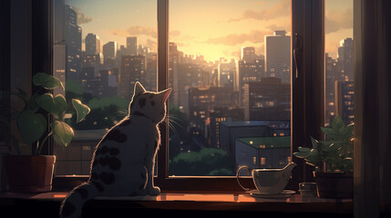 Cozy Lofi Window View with Anime Cat by the Window - Perfect for Chill Study Illustration for Music Streaming.