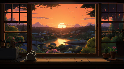 Obraz premium Cozy Lofi Window View with Anime Cat by the Window - Perfect for Chill Study Illustration for Music Streaming.