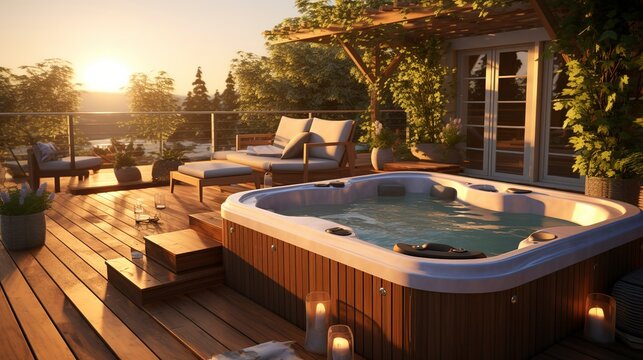 A photo of a backyard deck with a hot tub.
