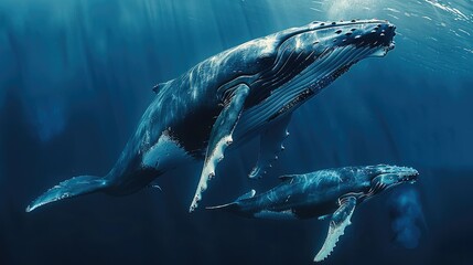A mother humpback whale swims with her calf underneath her, in the deep blue sea. Generative AI.