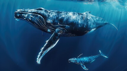 A mother humpback whale swims with her calf underneath her, in the deep blue sea. Generative AI. - obrazy, fototapety, plakaty