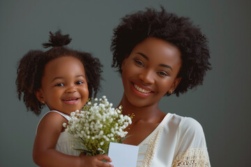 Happy Mother's Day Celebration with Black Mother and Child and Flowers