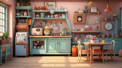 A cute illustration of a kitchen with a pink wall and blue cabinets