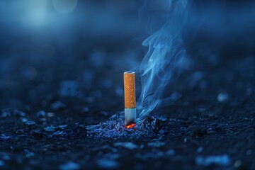 Lone Cigarette on Ashy Surface with Rising Smoke