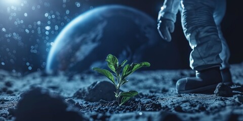 realistic photo of a closeup of a plant planted by astronaut in special costume on blue moon surface, surrounded by star glow, earth on background, and cinematic blue-dark lighting on the DSL camera